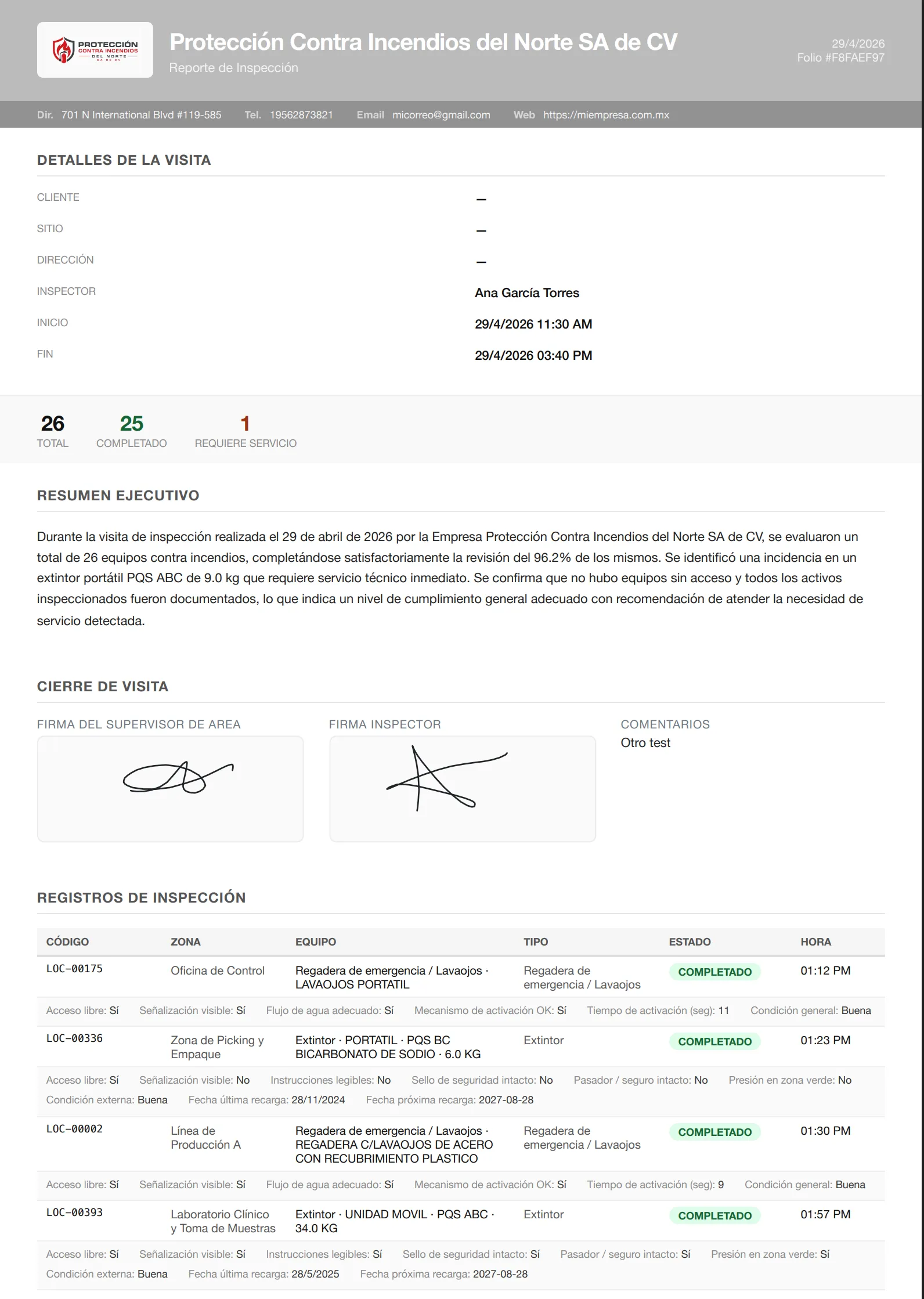 Reporte PDF de inspección generado por Flamitek